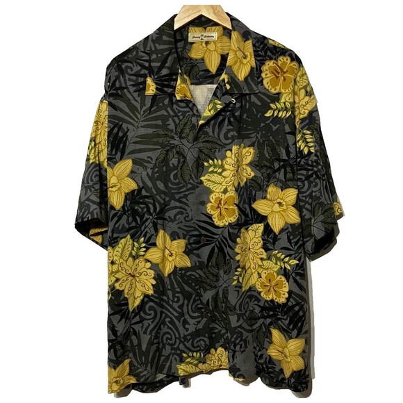 Tommy Bahama Other - Tommy Bahama Hawaiian Charcoal Yellow Floral AOP Silk Camp Beach Shirt Men's XXL